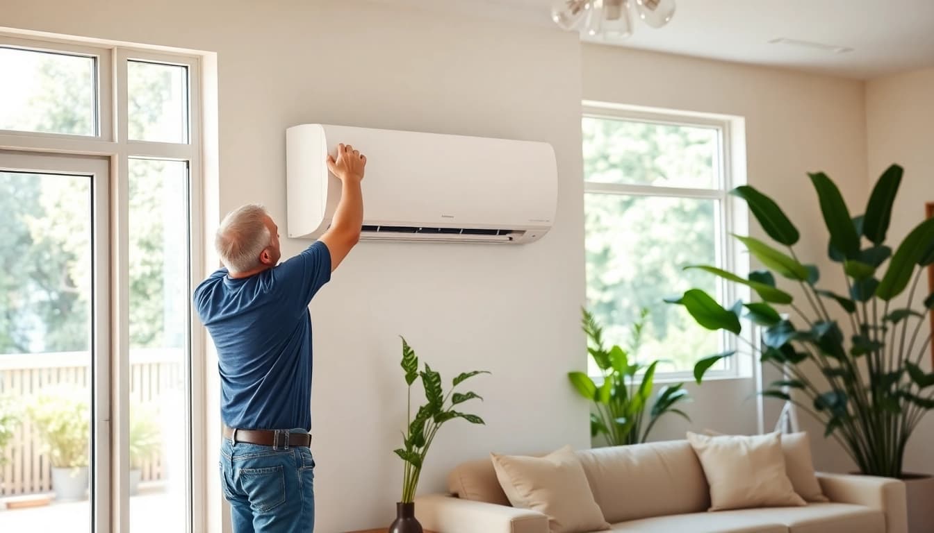 Technician installing a mitsubishi mini split ac in a modern living room with natural light.