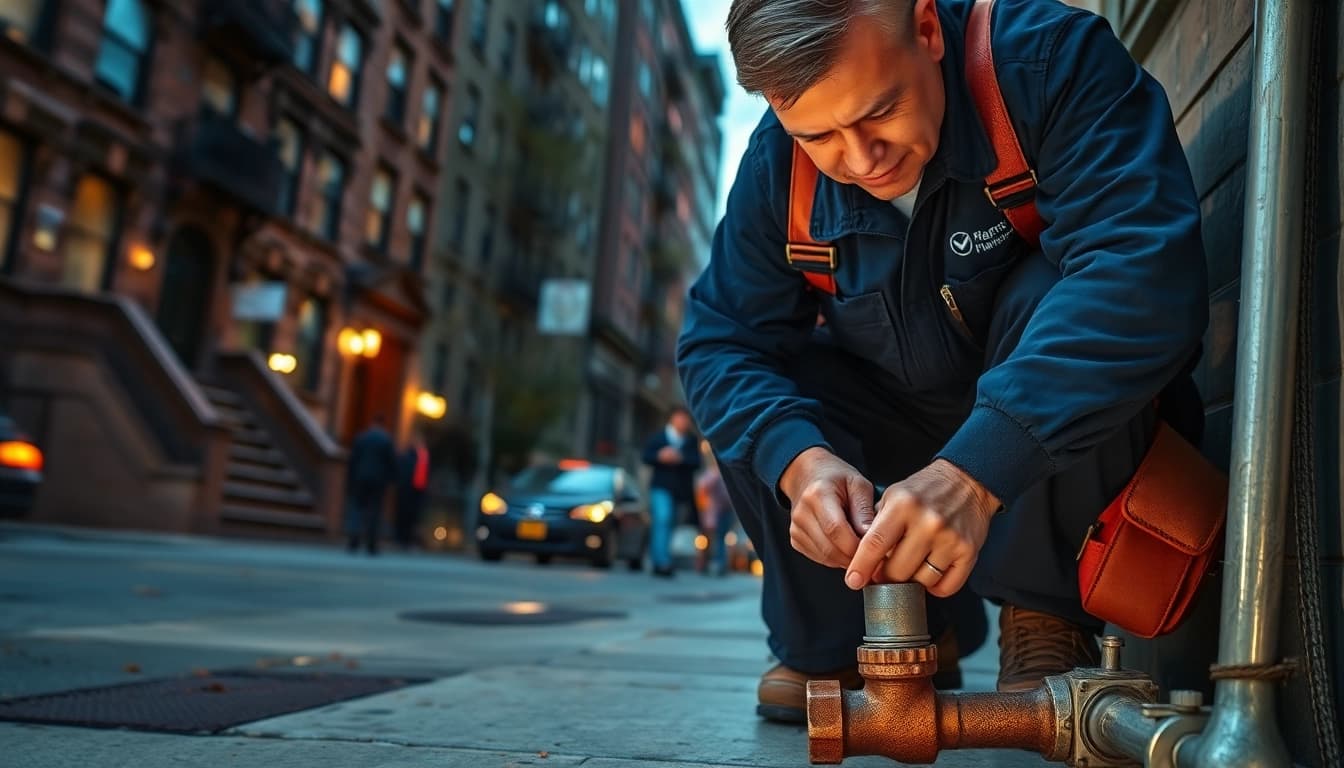 Plumbing emergency NYC: A plumber fixing a burst pipe on a bustling NYC sidewalk.