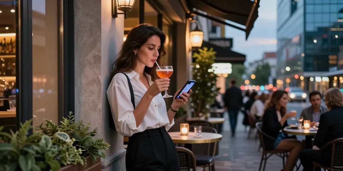 Kocaeli escort profiles displayed on a smartphone in an elegant café setting at twilight, highlighting sophisticated urban nightlife.