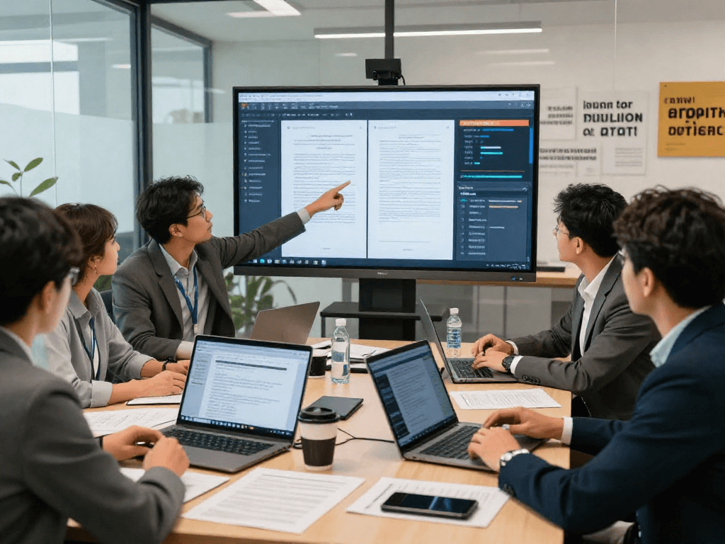 Team discussion on document fraud detection technology in a corporate office setting
