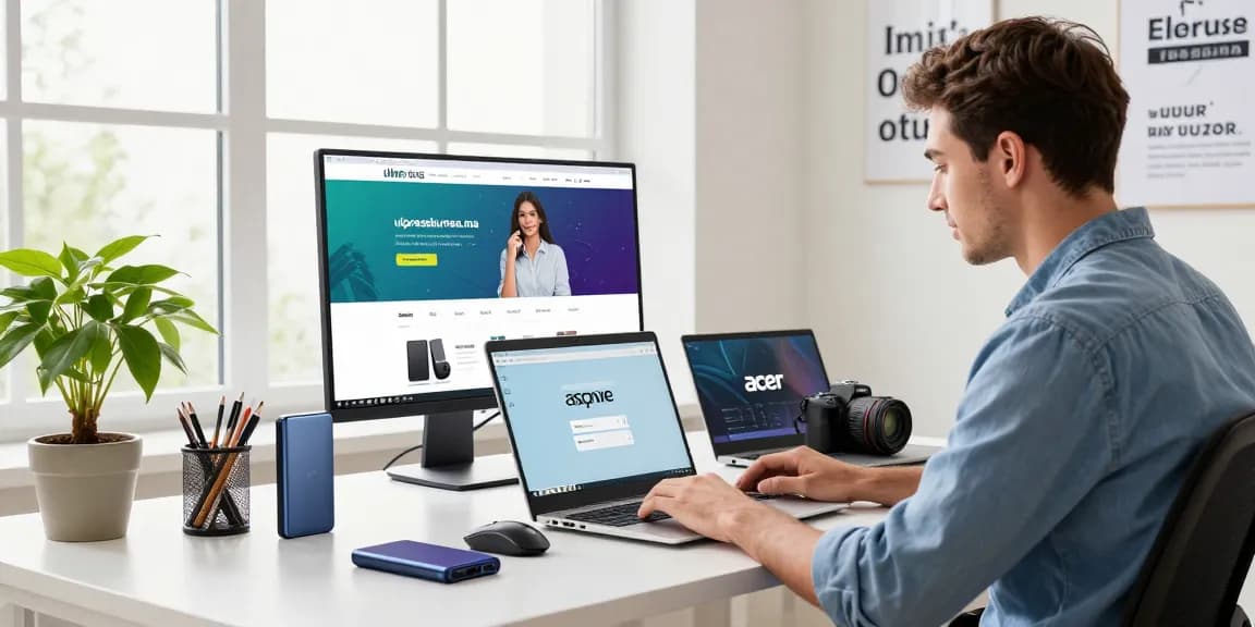 Modern workspace showcasing Acer Aspire laptops and ulpressbureau.ma website on screen, highlighting tech accessories.