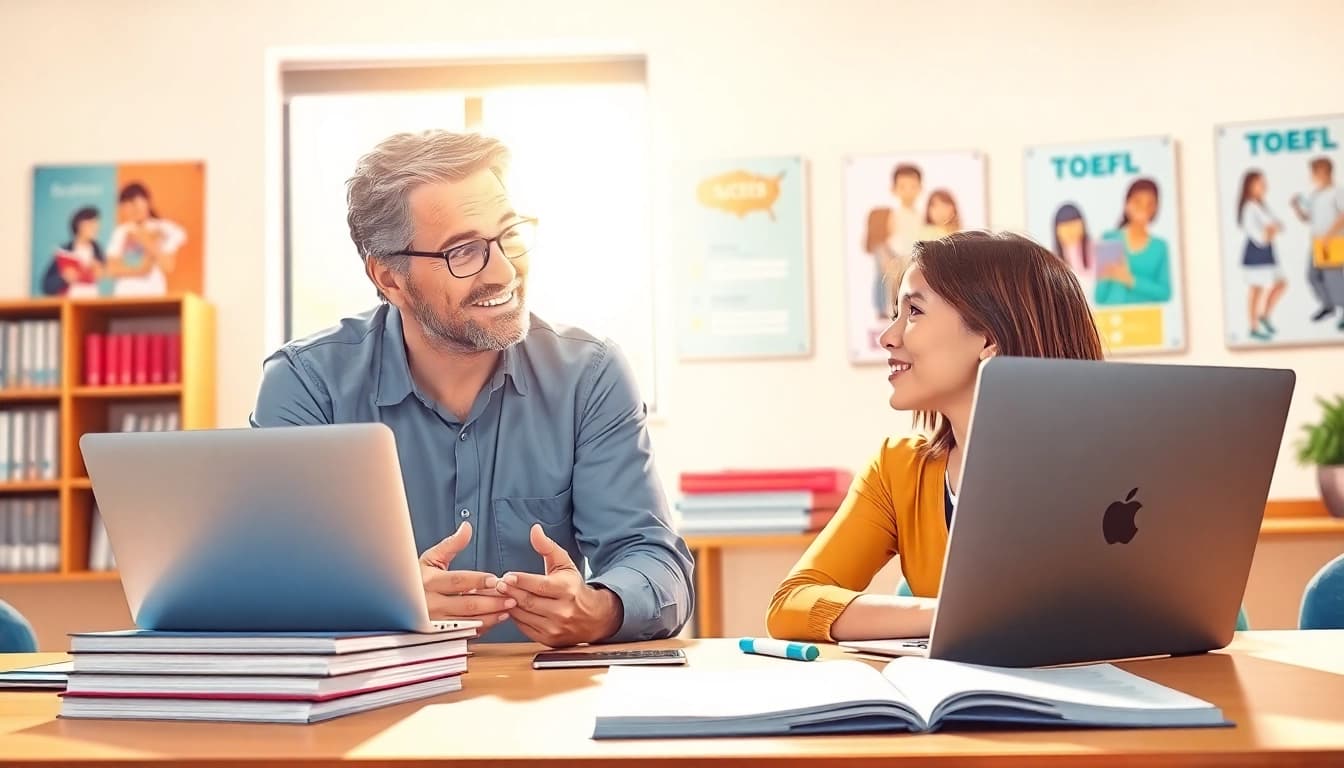 Engaging scene of a TOEFL expert help providing guidance to a student, showcasing effective tutoring.