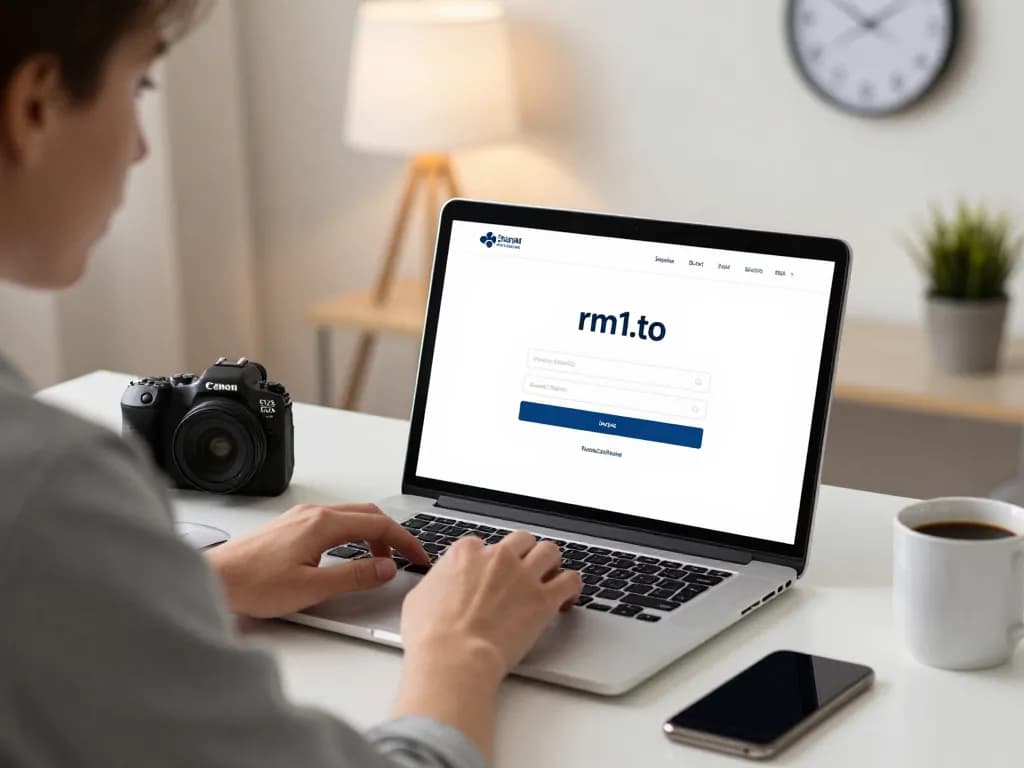 Login interface for rm1.to showcased in a modern workspace with laptop and organized desk.
