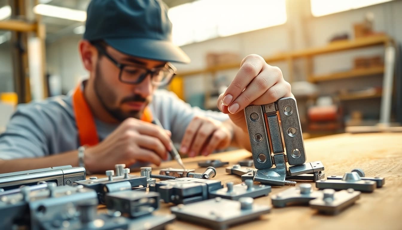 Hinge Supplier technician crafting intricate metal hinges in a vibrant workshop setting.
