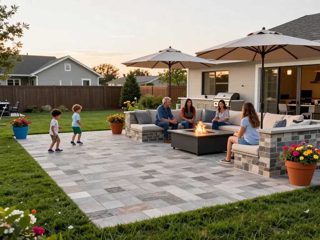 Paver patio near me with family enjoying outdoor space featuring elegant fire pit and seating walls.