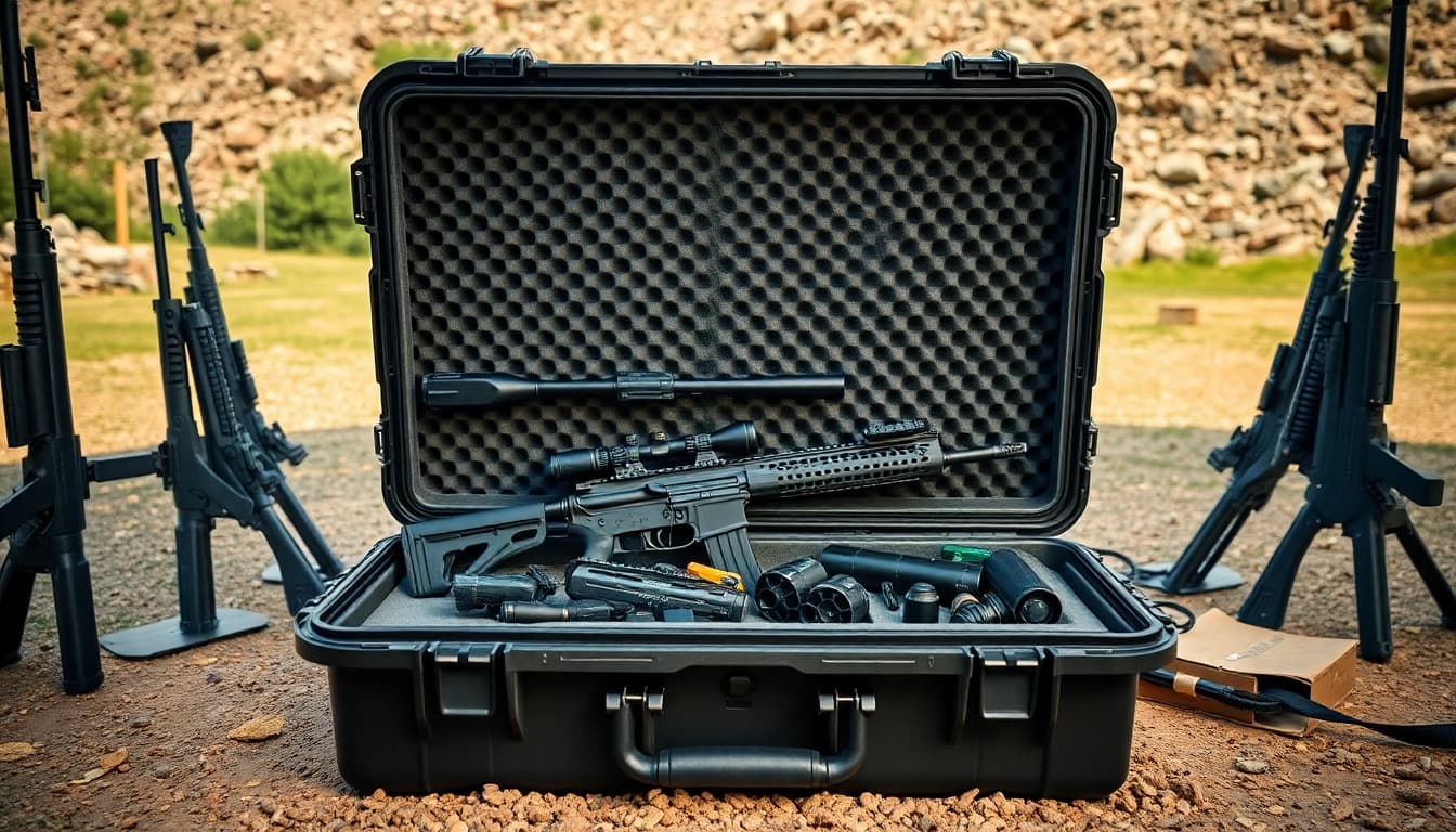 Shop Pelican gun case for sale displaying rifles and accessories in a vibrant outdoor setting.