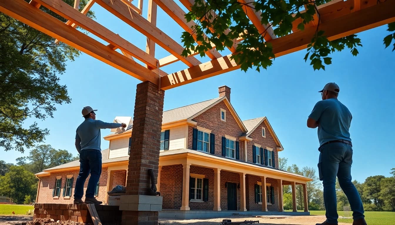 Colonial home construction showcasing skilled craftsmen and traditional materials in a serene setting.