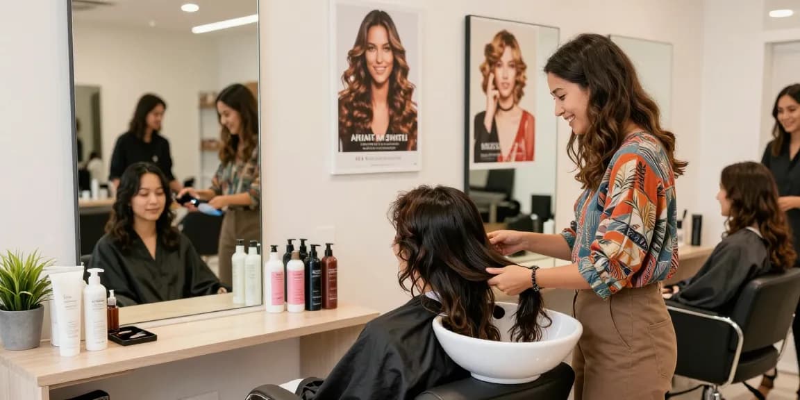 Hair style trend showcased in a vibrant salon with the stylist applying treatment to a client, reflecting modern beauty.