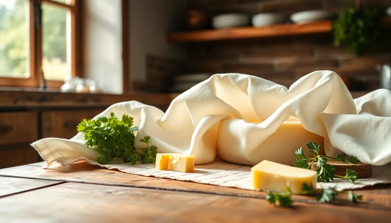 Kaasdoek met harmonieus gestapeld kaas en kruiden, schitterend op een rustieke tafel.