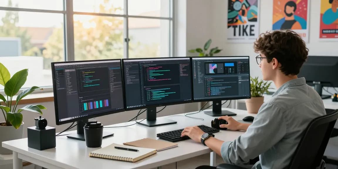 Dynamic tech workspace showcasing dejny.eu's creative development environment with screens and design elements.