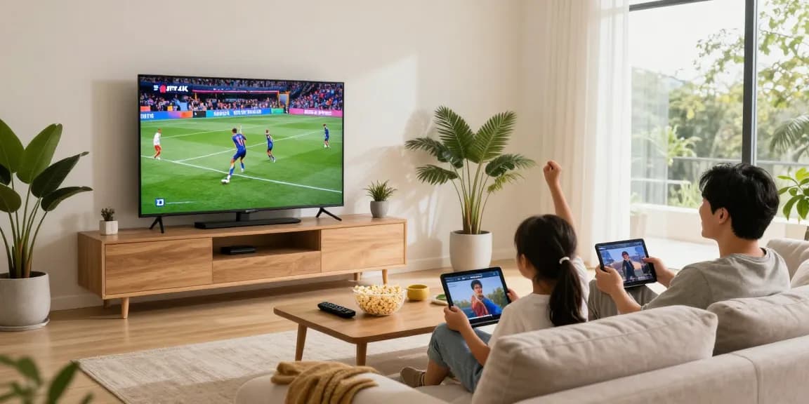 Family enjoying IPTV entertainment at home while streaming on multiple devices at iptv-aanbieders.com