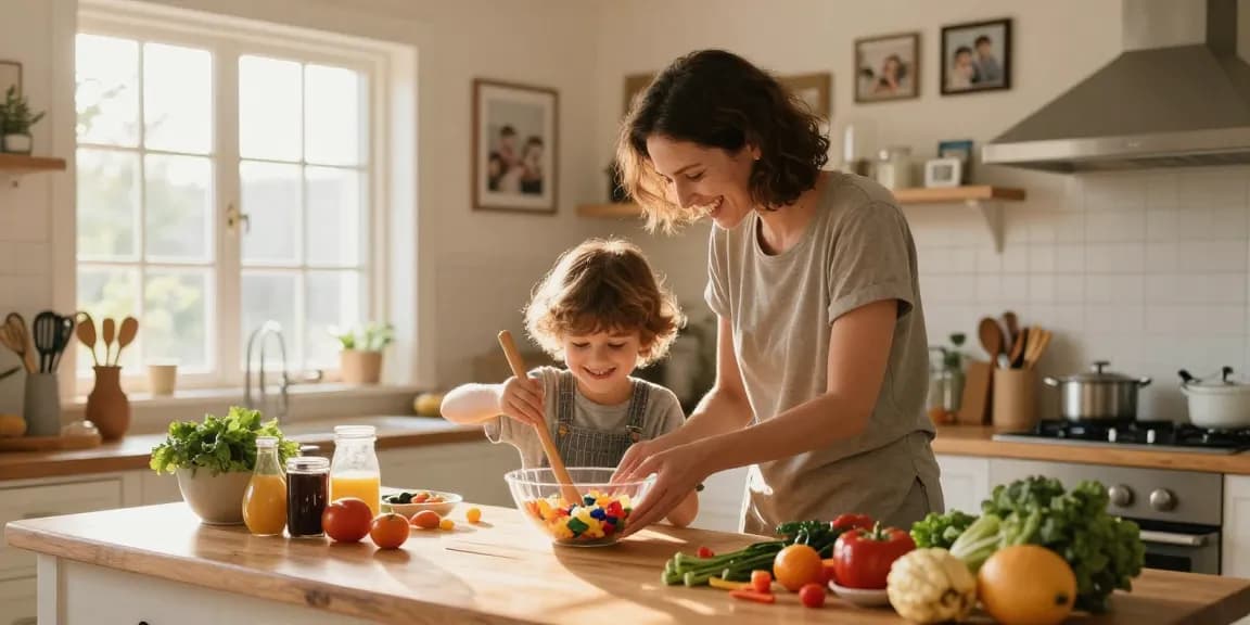 Family cooking together at thestorybookstomach.com with colorful ingredients and joyful interactions.