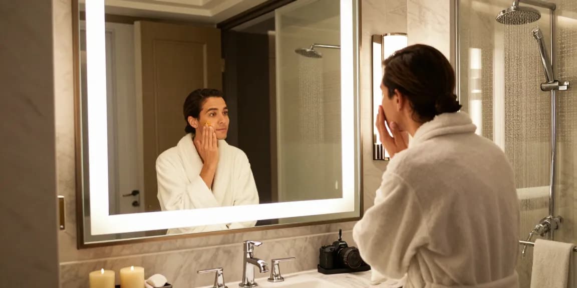 Premium hotel bathroom mirror with LED lighting, displaying elegant cosmetic application in a luxurious setting