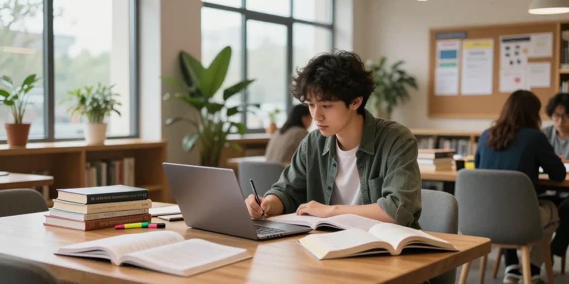 Student studying in a cozy library with notes and textbooks for vtuguru.com