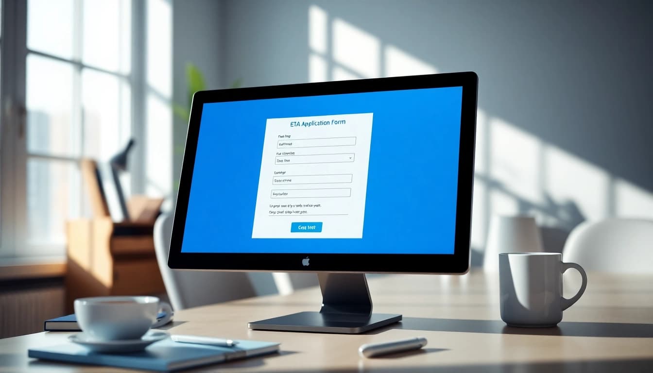 Fill out the eta uk application form on a modern digital device in a bright office.