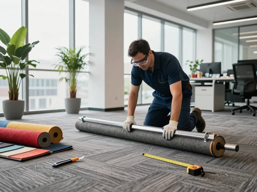 Expert in commercial carpet installation working on new office flooring with vibrant samples and professional tools.