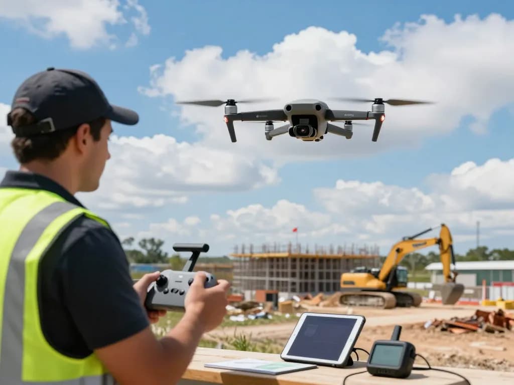 Drone pilot operating the matrice 350 rtk above a construction site, capturing aerial data.
