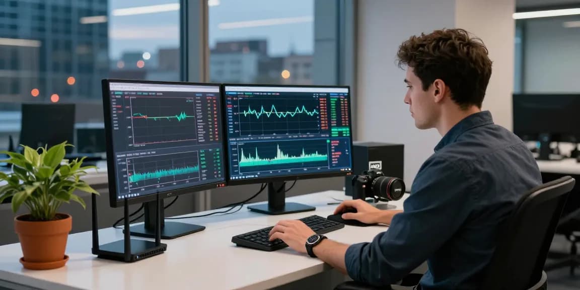 Dublin VPS trading setup with dual monitors and AMD Ryzen processor in a modern office