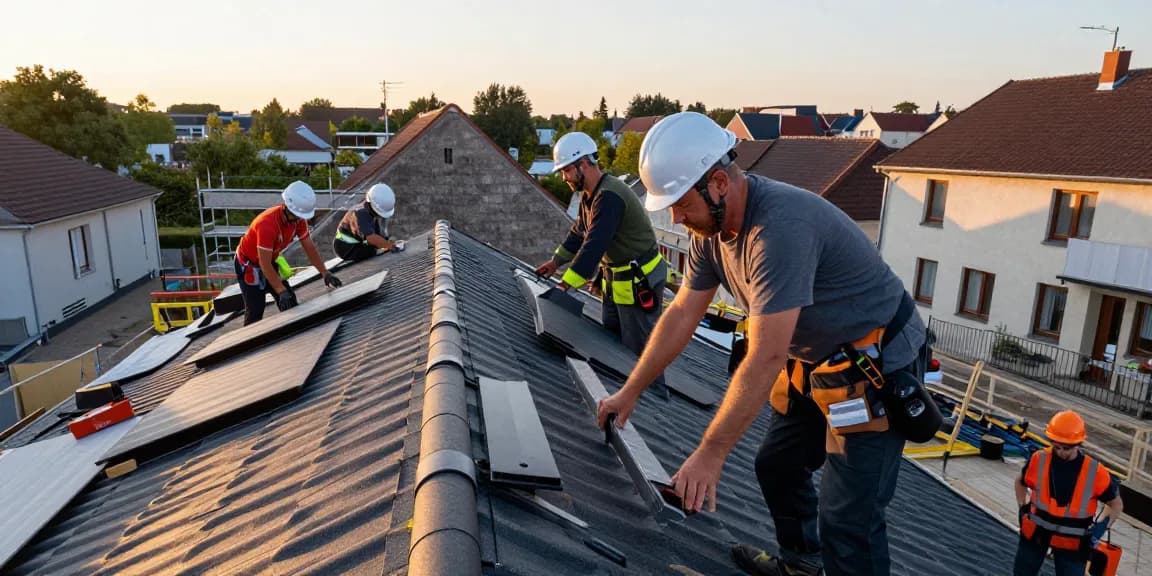 Liège. Spécialiste de la toiture. Skilled contractor overseeing a vibrant construction site with roofing materials