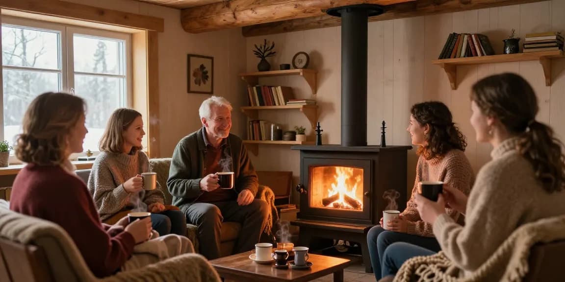 Family enjoying a cozy evening around a wood-burning stove from izba24.by, creating a warm and inviting atmosphere.