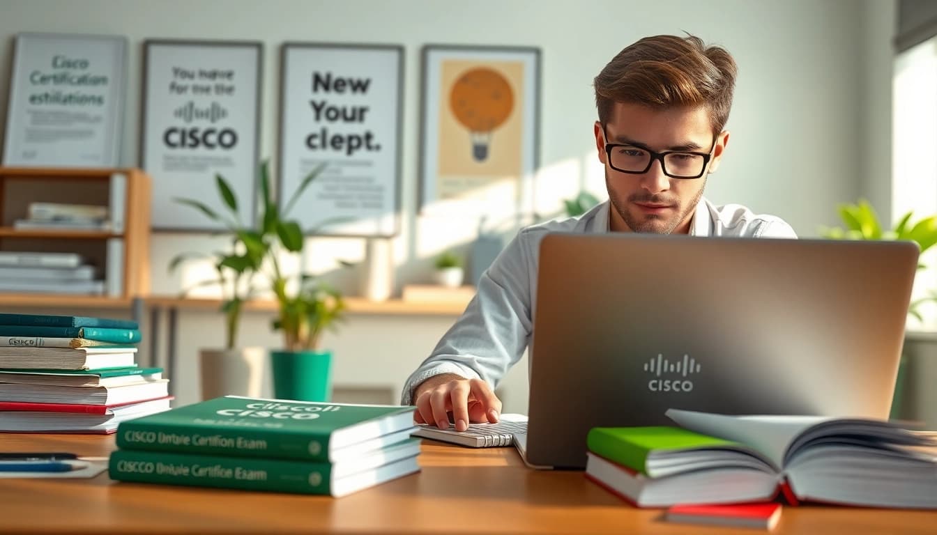 Cisco exam assistance in a bright study setting, featuring a focused student with certification materials.