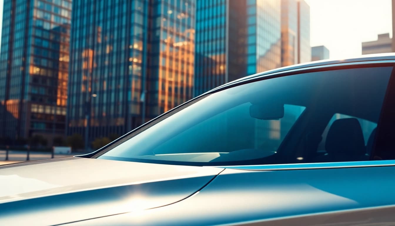 Ceramic window tint enhances the sleek design of a modern car against an urban backdrop.