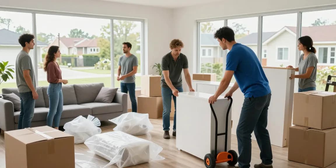 Movers from https://ucuzatasin.com.tr packing furniture in a bright living room, showcasing a stress-free moving experience.