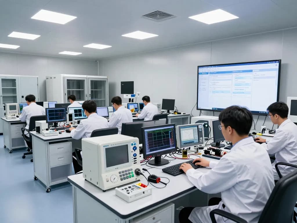 Engineers performing EMC testing in a state-of-the-art automotive lab, focusing on E marking compliance.