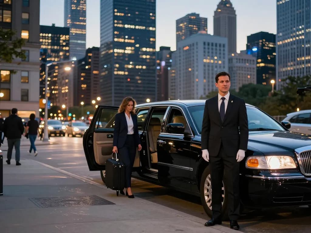 Limousine service Chicago IL featuring a professional chauffeur with a Lincoln Continental in downtown Chicago.