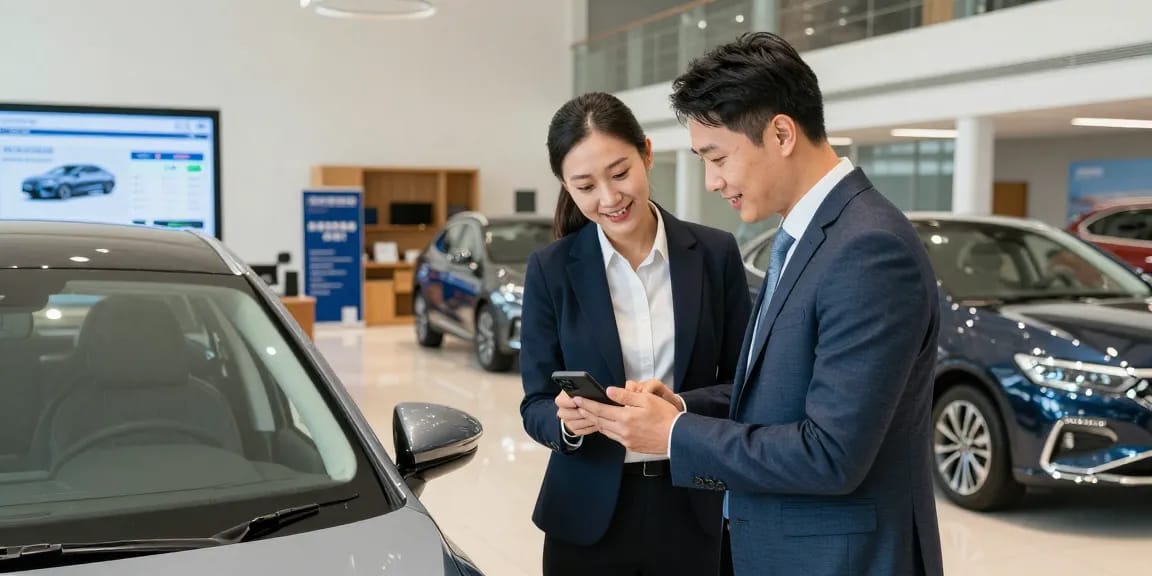 Potential buyer checking car history check UK while consulting with salesperson in a modern showroom.