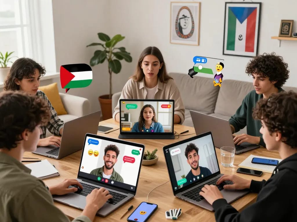 Engaging دردشة فلسطين scene with young adults chatting online, showcasing cultural connection and modern communication.
