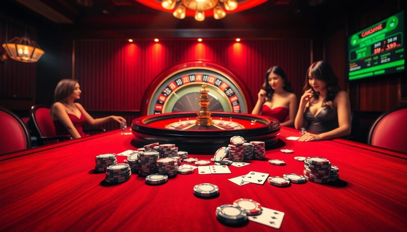 Experience thrilling gameplay at pg88's luxurious casino with poker chips and a spinning roulette wheel.