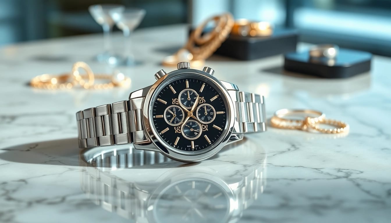 Admiring the Ladies Classic Smart Watch with an elegant design on a marble backdrop.