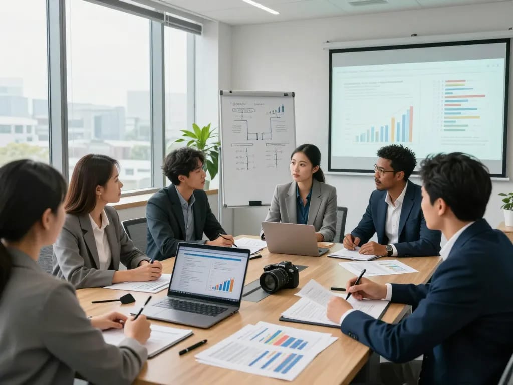 Team strategizing on large scale project financing in modern office setting with financial data displays.