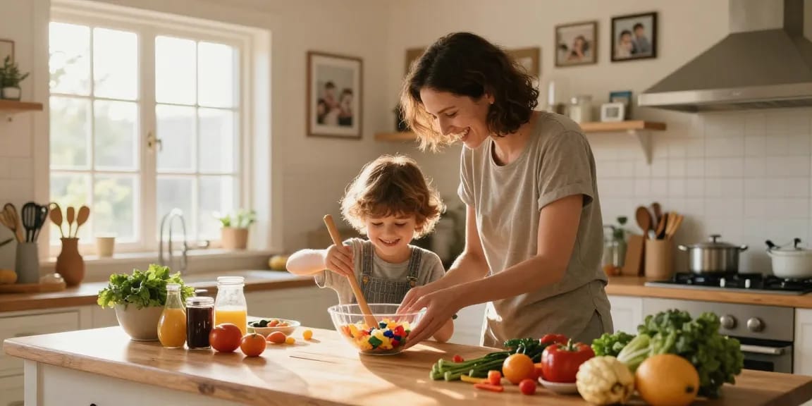 Family cooking together at thestorybookstomach.com with colorful ingredients and joyful interactions.
