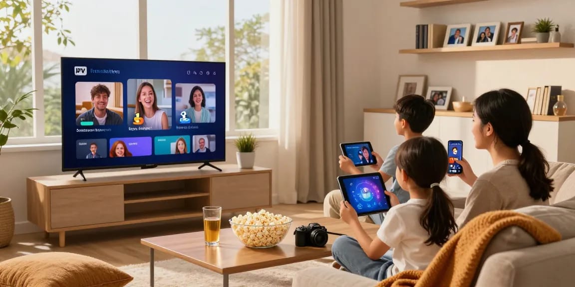 Family enjoying the best IPTV subscription Europe streaming on multiple devices in a cozy living room.