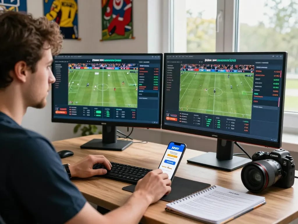 Exciting online betting environment showcasing 1xbet bonus offers on screens, highlighting a passionate sports enthusiast's experience.