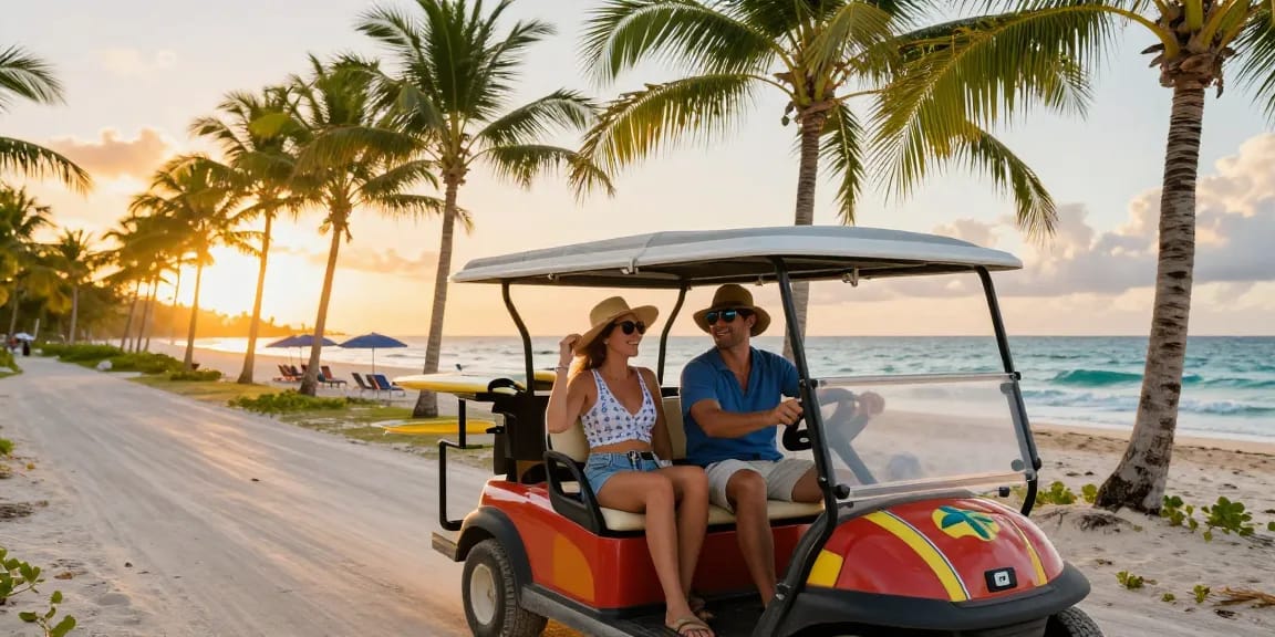 Belize golf cart rental on Ambergris Caye, couple enjoying sunset ride in 4-seater cart along beach road near palm trees.