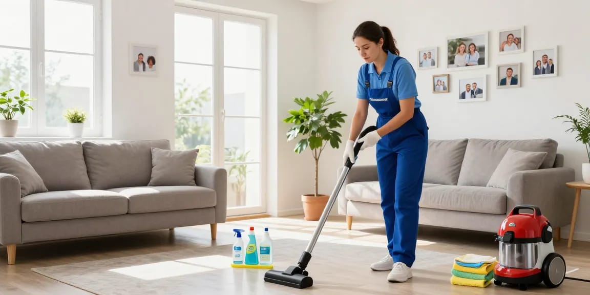 Expert housekeeper performing hauswartung solothurn in a bright living room while using cleaning tools.