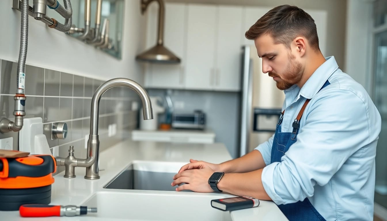 Skilled plumber near me inspecting kitchen sink fixtures.