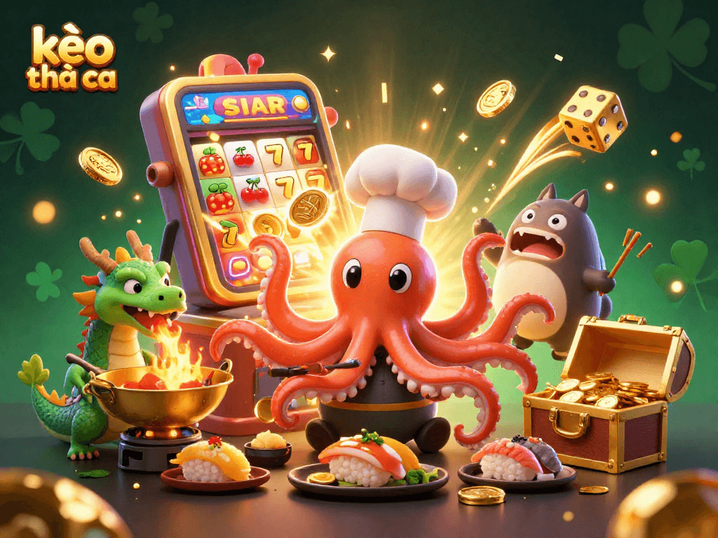 Experience thrilling kèo nhà cái action with a vividly animated scene featuring a sushi chef octopus and a wasabi dragon.