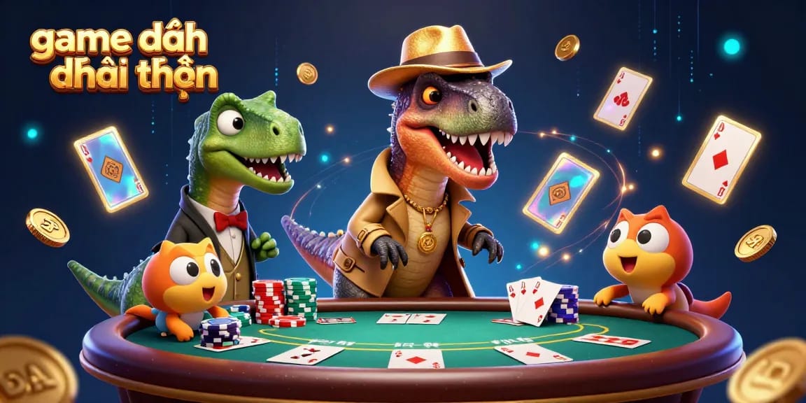 Engage in game đánh bài đổi thưởng with exciting poker action featuring a velociraptor at the table.