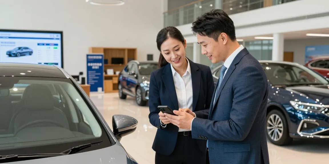 Potential buyer checking car history check UK while consulting with salesperson in a modern showroom.