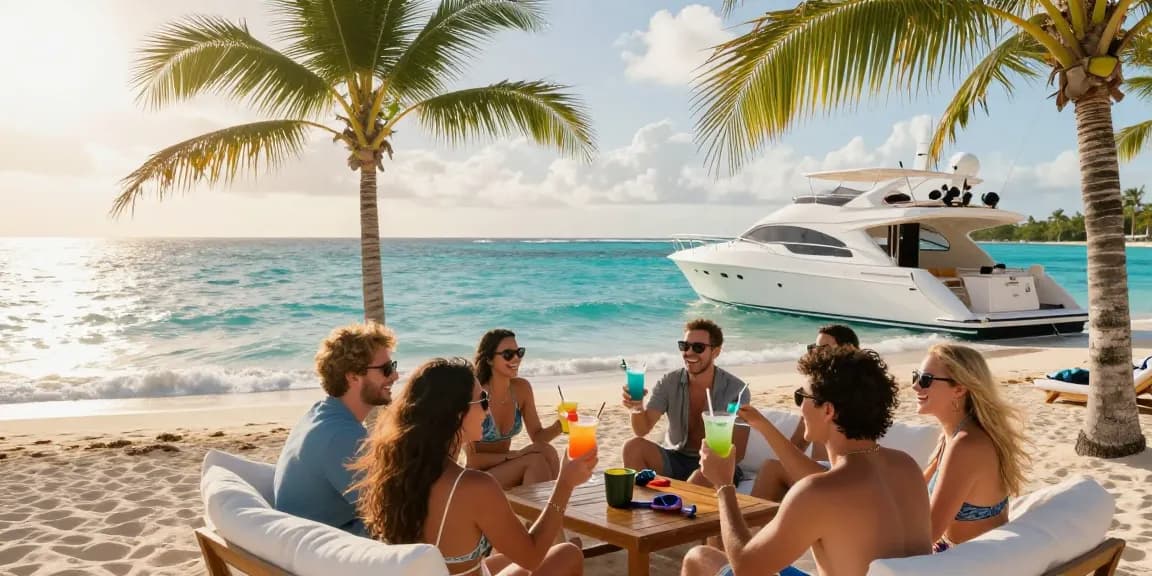 Friends on a yacht enjoying a boat rental punta cana in a vibrant beach setting.