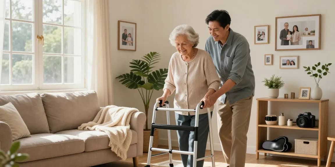 Buy nobility aids in a warm home setting with an elderly woman using a walker.