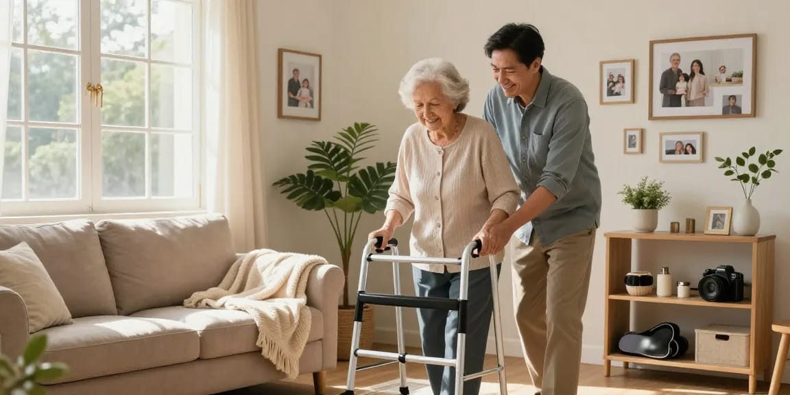 Buy nobility aids in a warm home setting with an elderly woman using a walker.