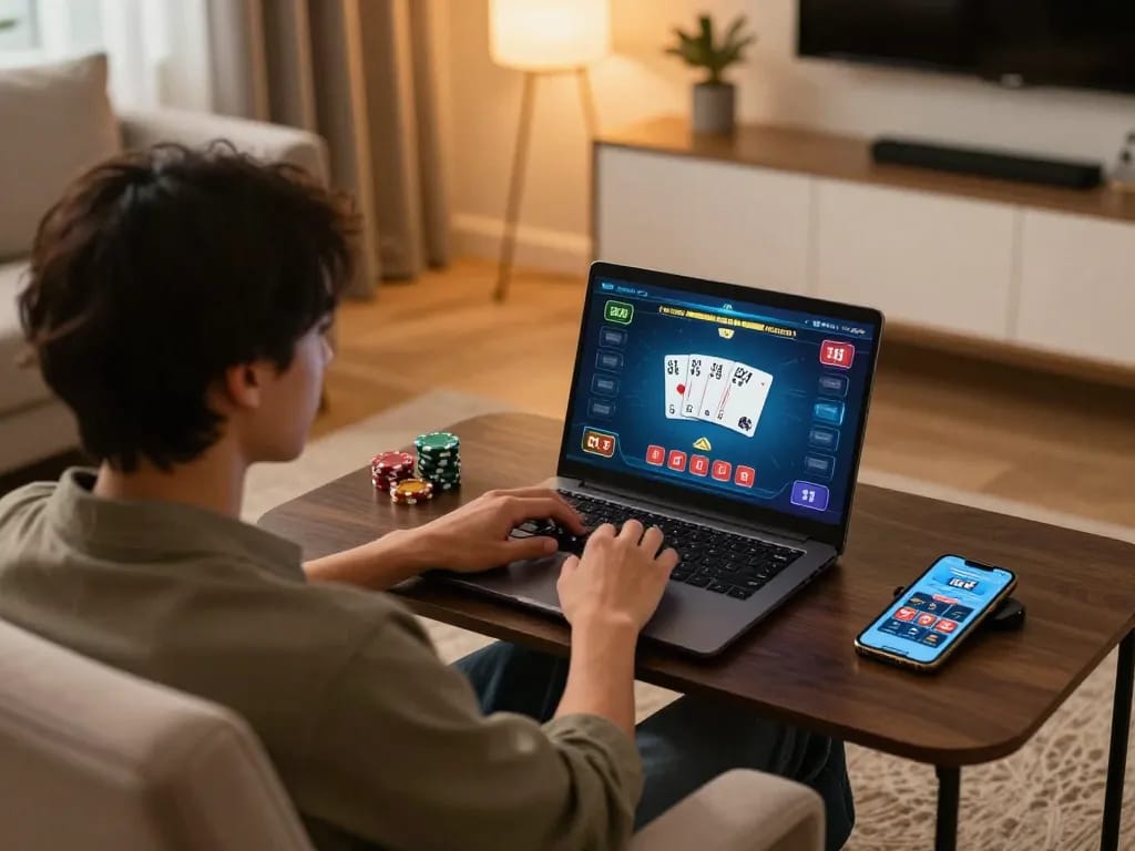 Player engaging with GG88 online poker, showcasing a modern gaming setup with laptop and smartphone in a cozy environment.