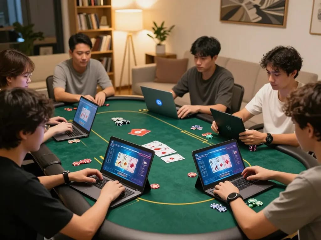 Players engaging in online poker from their homes at https://fc88.baby, showcasing modern gaming setups and strategic moments.