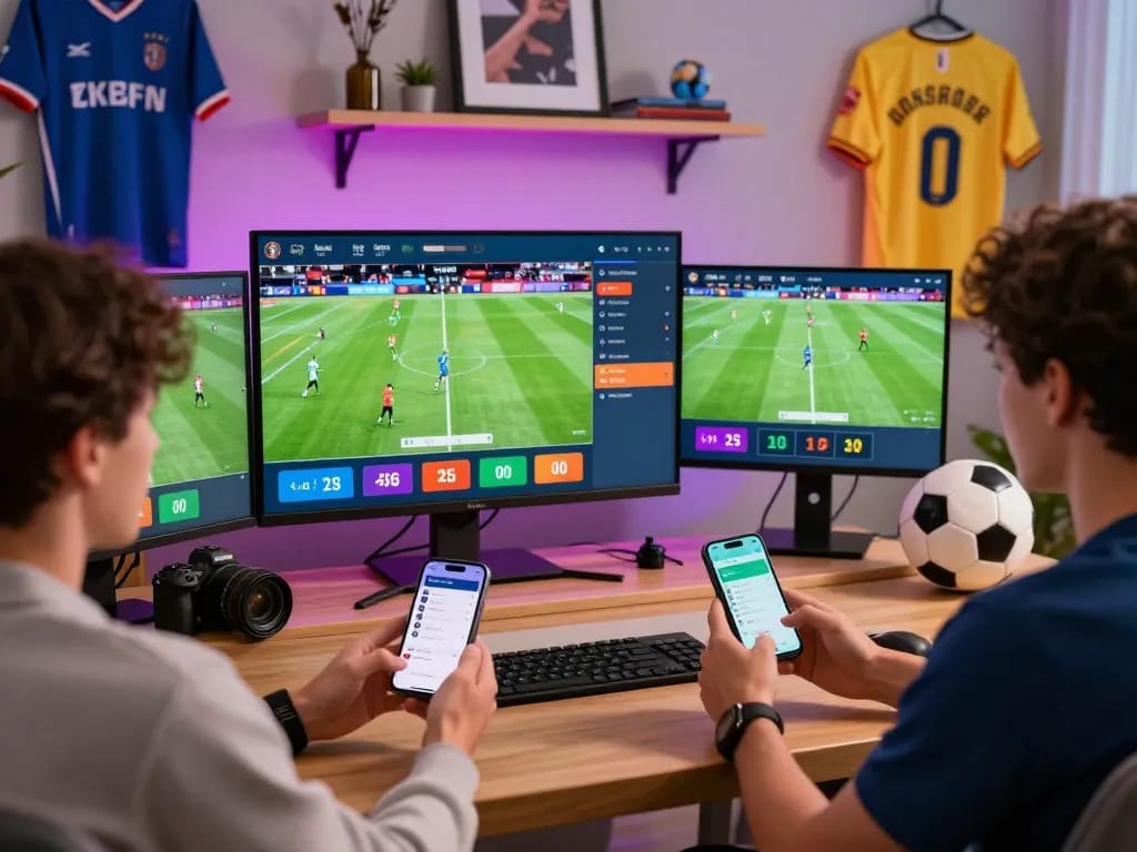 Exciting sports betting scene showcasing users interacting with the OKFUN platform, vibrant atmosphere.