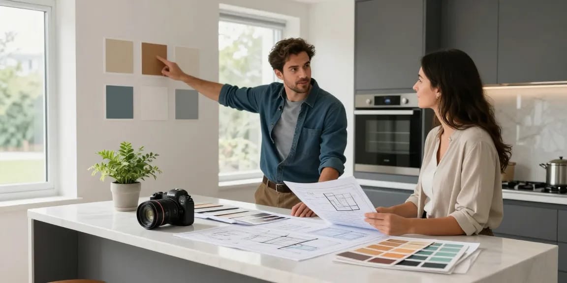 General contracting collaboration in modern home renovation, highlighting professional contractor guiding client with design plans and vibrant color swatches.